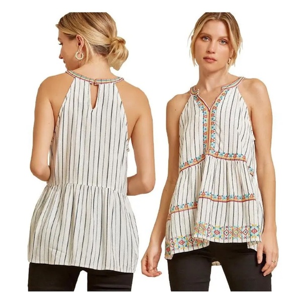 Savanna Jane Tank Embroidered Boho Stripe Peplum Tank Blouse Size Small - Picture 1 of 7